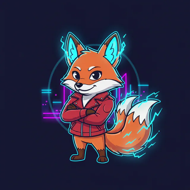 Volt the neon fox mascot — a stylised fox with glowing cyan ears and crimson jacket