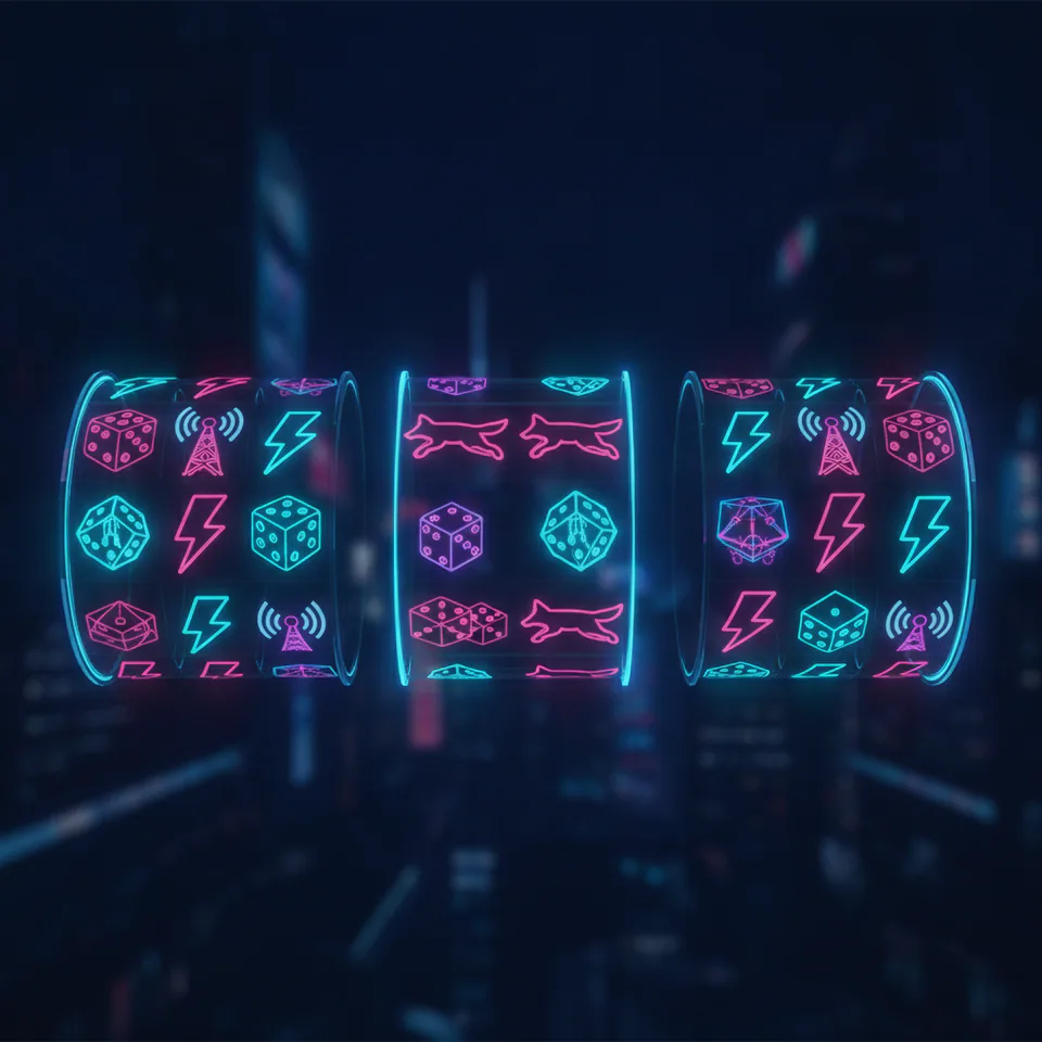 Neon Grid Reels game cover — glowing slot reels with neon city icons